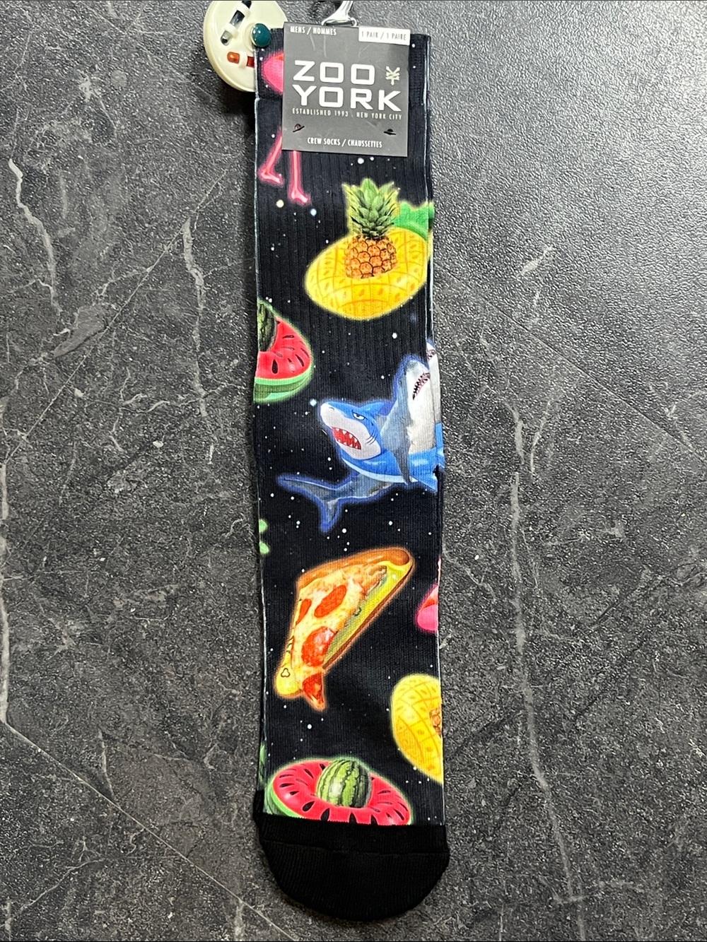 Zoo York Black Crew Socks with Colorful Shark, Pizza & Fruit Print